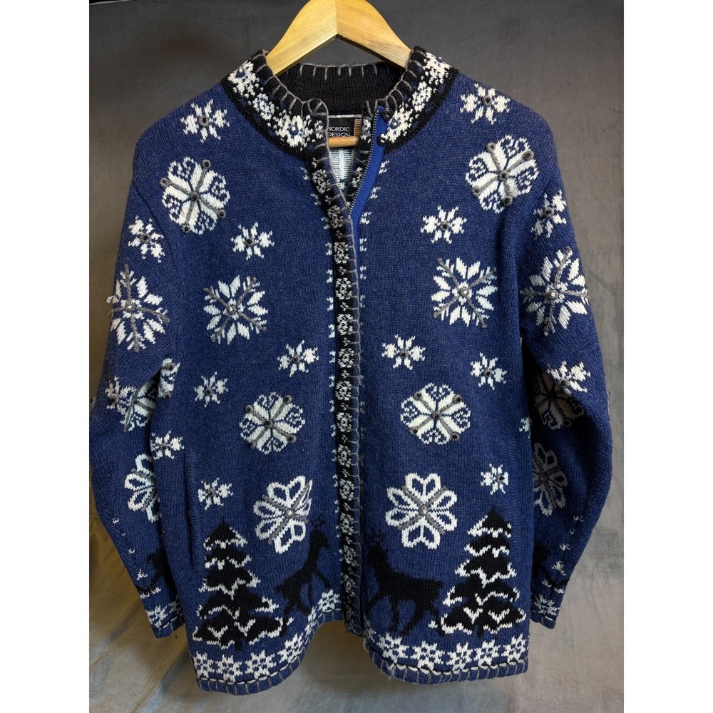 Nordic Design Womens Blue Wool Blend Cardigan Zip Snowflake Reindeer Trees